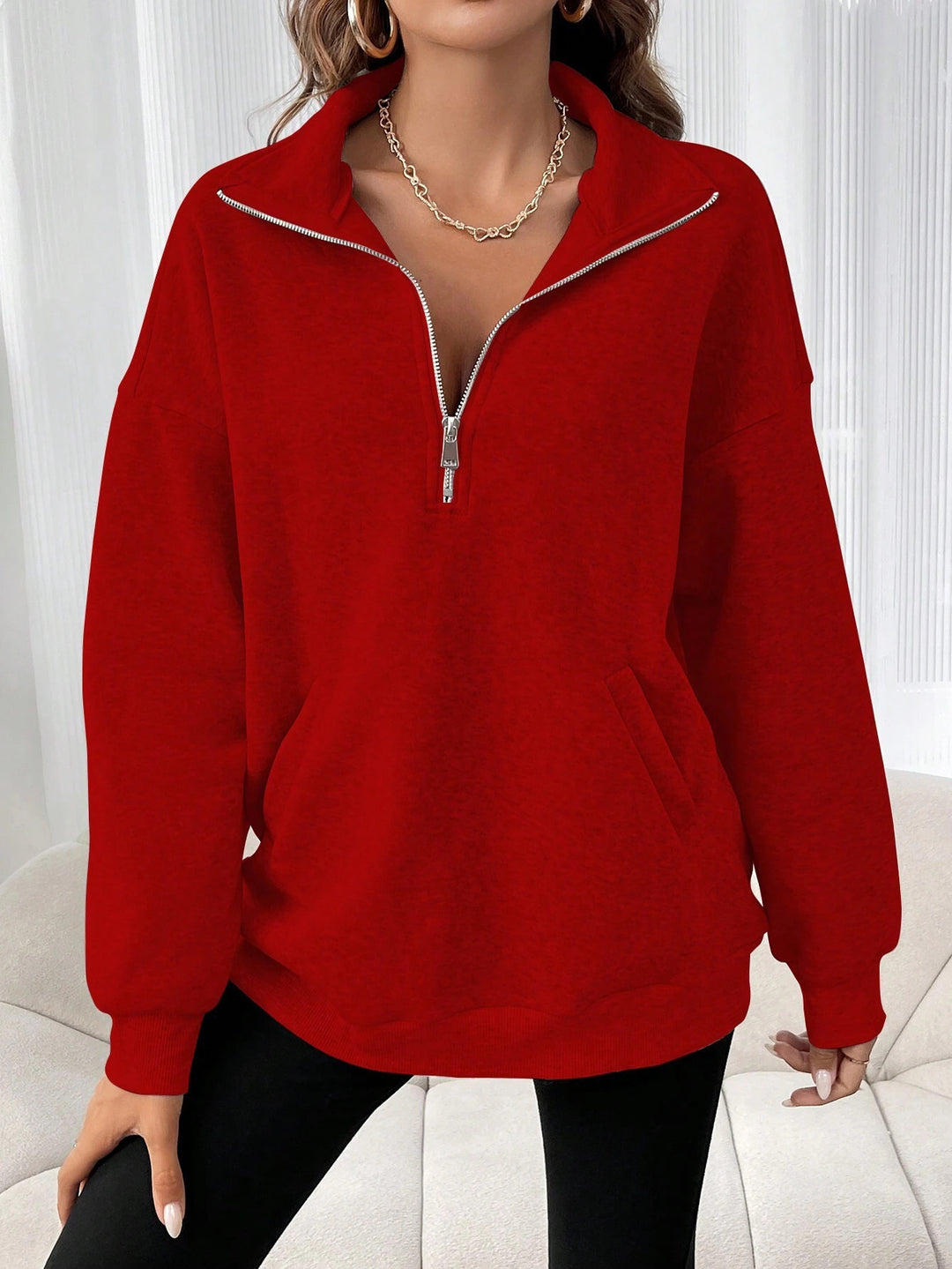 Damen oversized Sweatshirt mit halbem Reißverschluss und praktischen Taschen R&B
