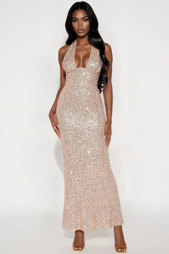 Damen Glamouröses Pailletten-Maxikleid mit tiefem V-Ausschnitt und schwingendem Saum R&B