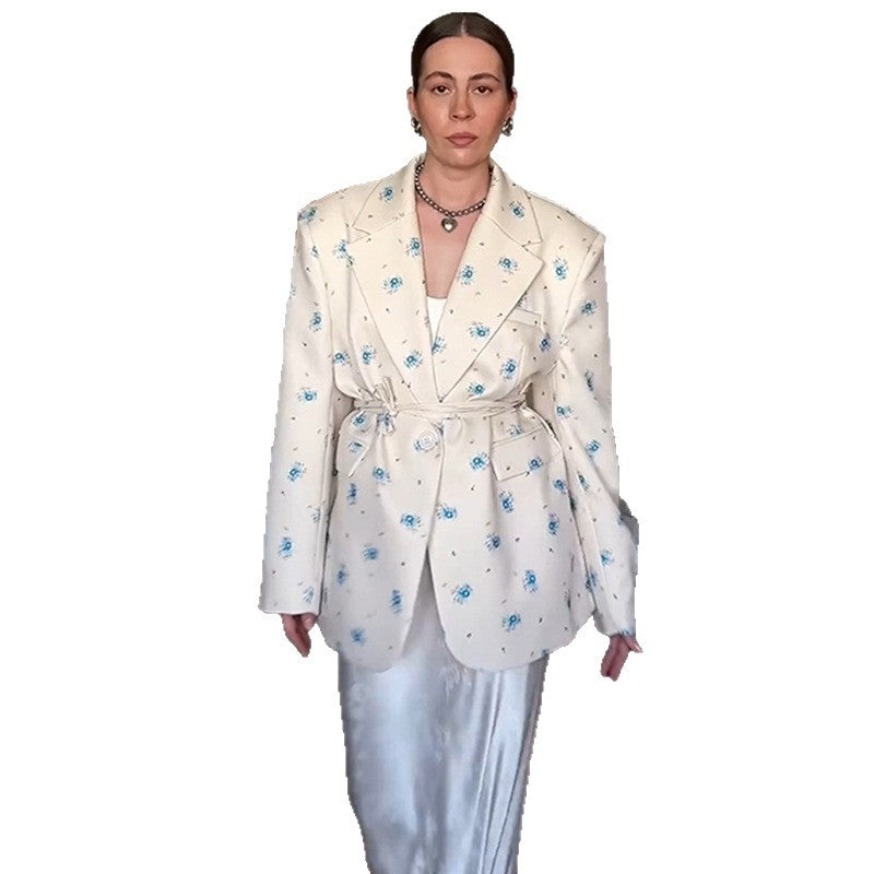 Damen Oversized Blazer mit floralen Details und Taillengürtel R&B