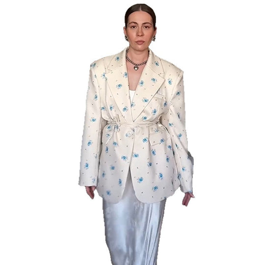 Damen Oversized Blazer mit floralen Details und Taillengürtel R&B
