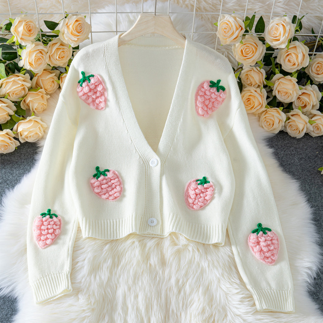 Damen lässige Strickjacke mit fruchtigen Applikationen und offenen Ärmeln R&B