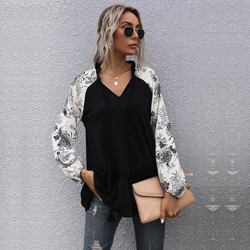 Damen modische Bluse mit floralem Ärmeldetail R&B