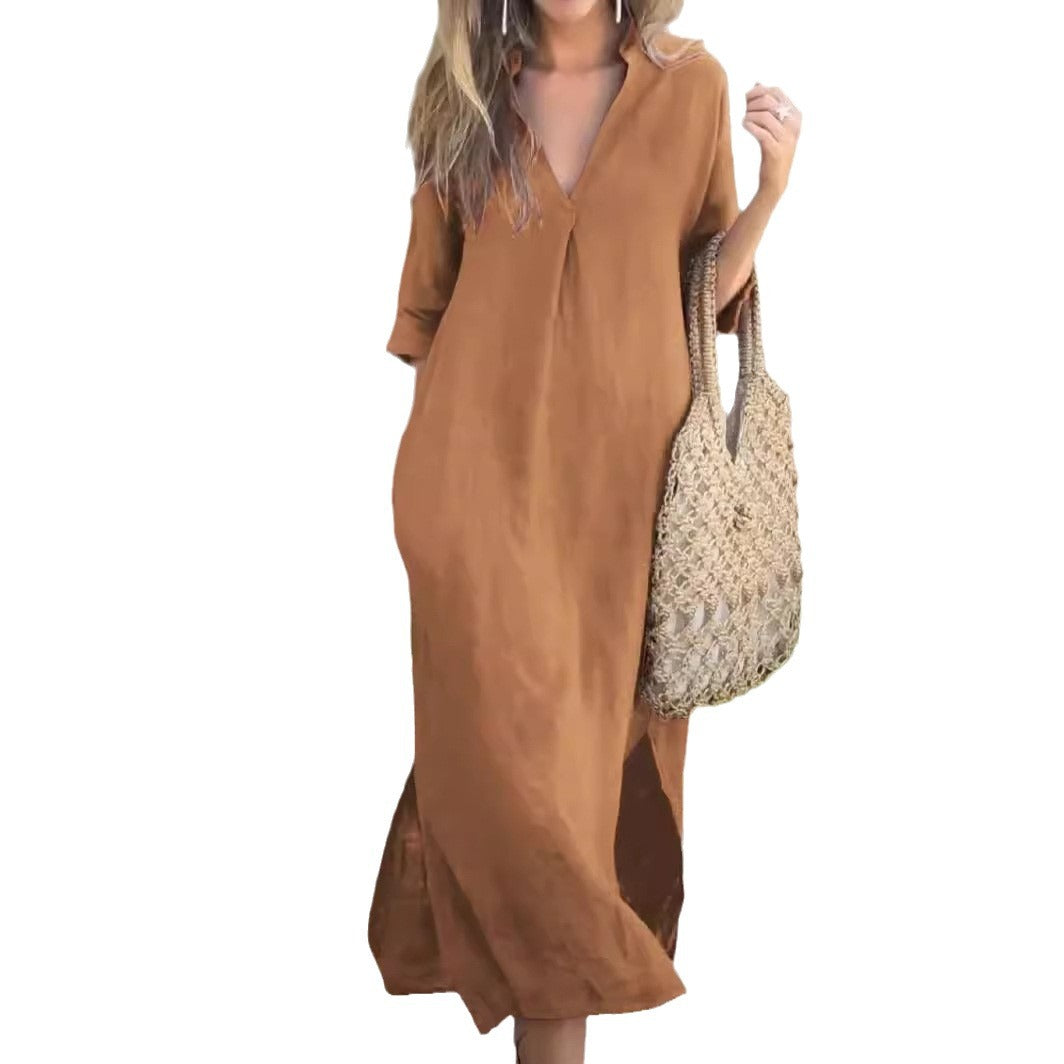 Damen lässiges Maxi-Kleid mit V-Ausschnitt R&B