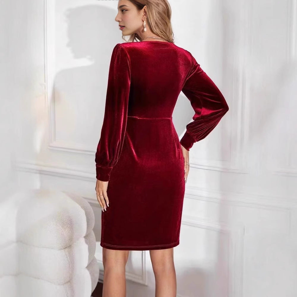 Damen figurbetontes Abendkleid mit tiefem Ausschnitt und Puffärmeln R&B