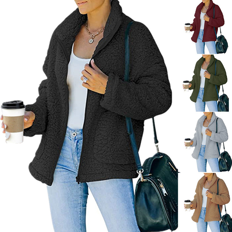 Damen kuschelige Fleecejacke mit Oversized-Schnitt und tiefem Kragen R&B
