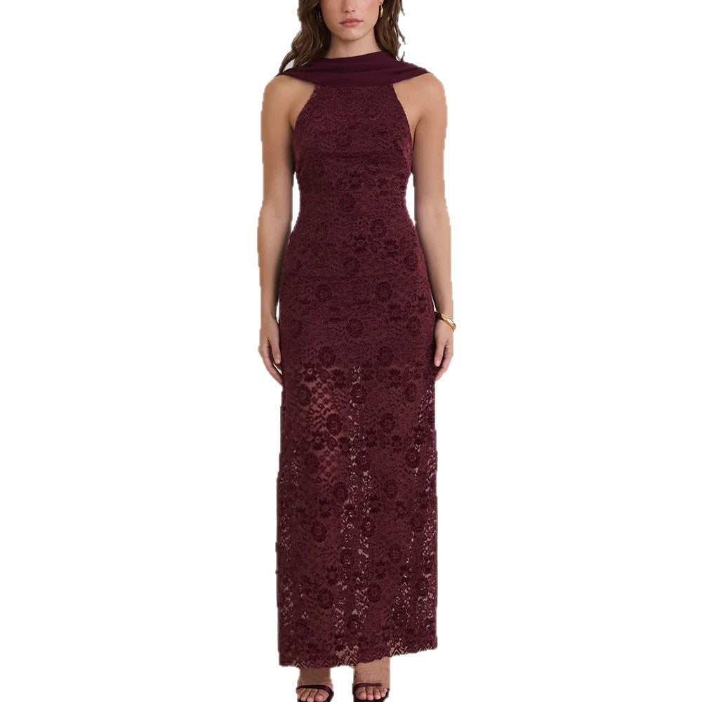 Damen Elegantes Maxikleid mit raffinierter Spitzenverzierung und schickem Halterneck R&B