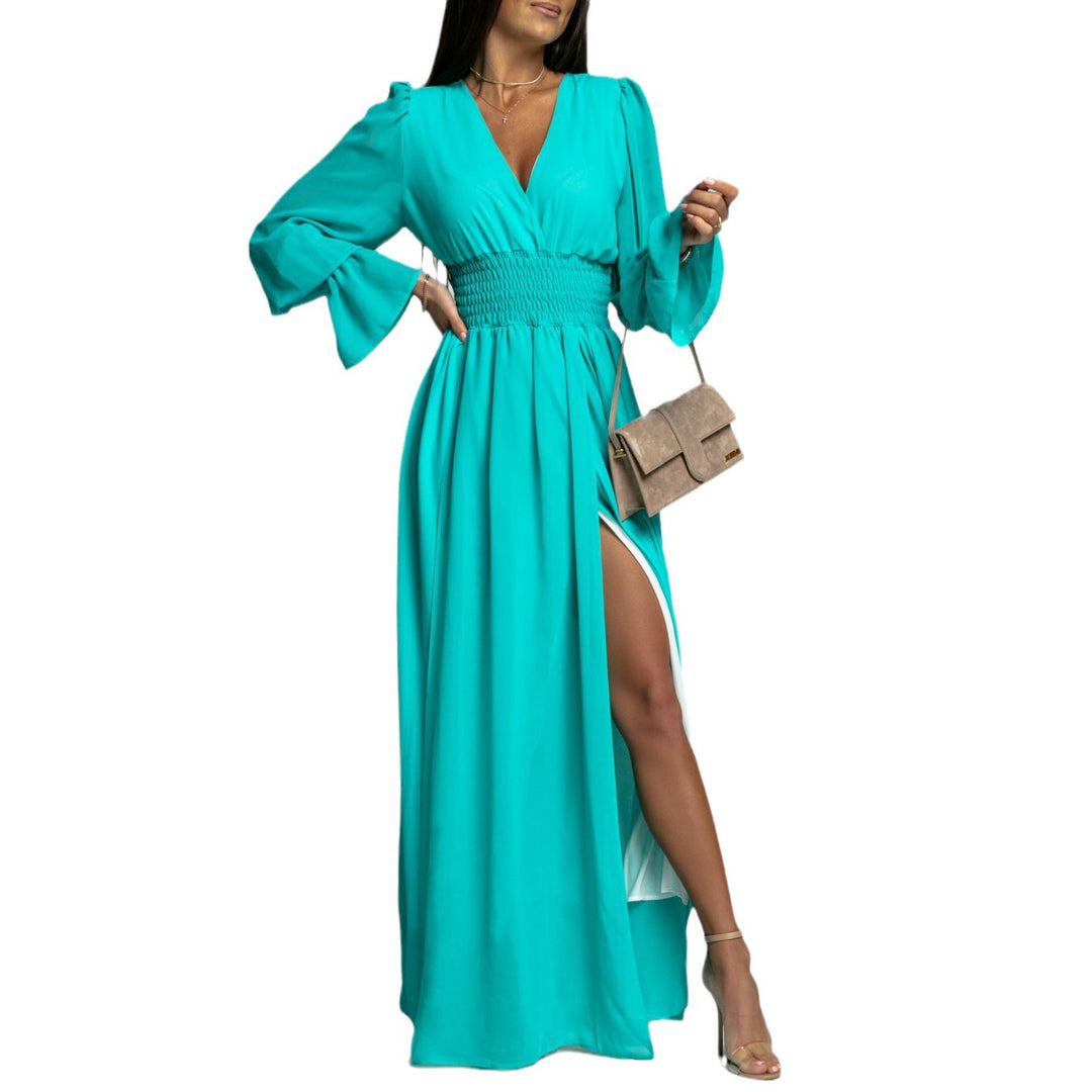 Damen Maxi-Kleid mit tiefem V-Ausschnitt und voluminösen Ärmeln R&B