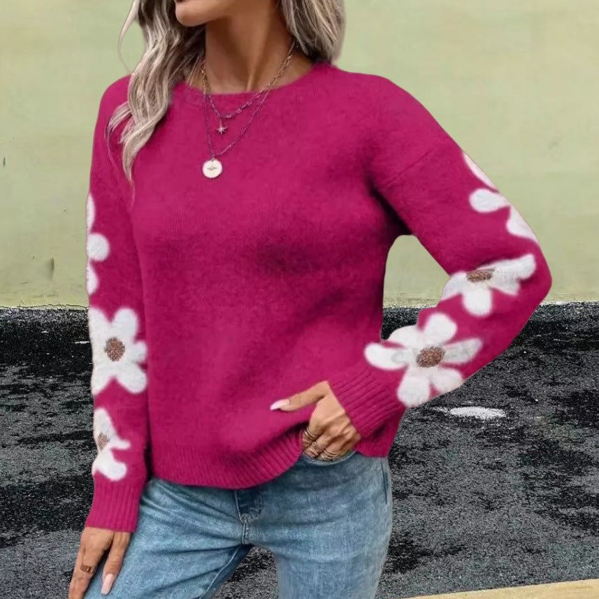 Damen Strickpullover mit floralem Muster und Rundhalsausschnitt R&B
