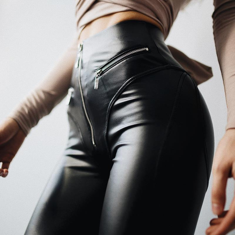 Damen Hochwertige Kunstleder Leggings mit modischen Reißverschlussdetails R&B
