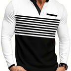Herren nan modernes Langarm-Polo mit Henley-Blende gestreifter Brustpartie und Stehkragen R&B