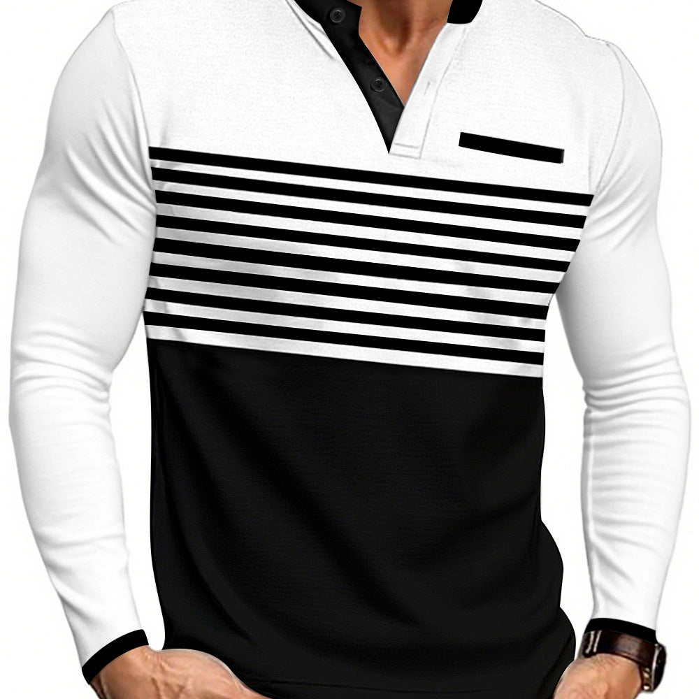 Herren nan modernes Langarm-Polo mit Henley-Blende gestreifter Brustpartie und Stehkragen R&B
