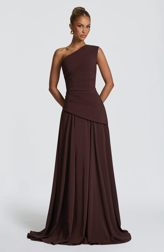 Damen Elegantes One-Shoulder Maxikleid mit fließenden Drapierungen R&B