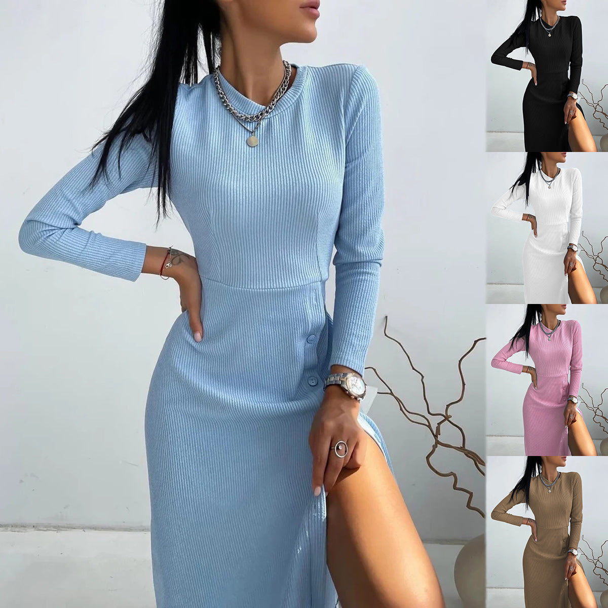 Damen Strickkleid mit Knopfdetails und eng anliegendem Oberteil R&B