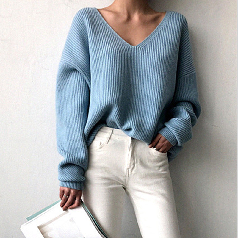 Damen lässiger Strickpullover mit V-Ausschnitt und weit geschnittenen Ärmeln R&B