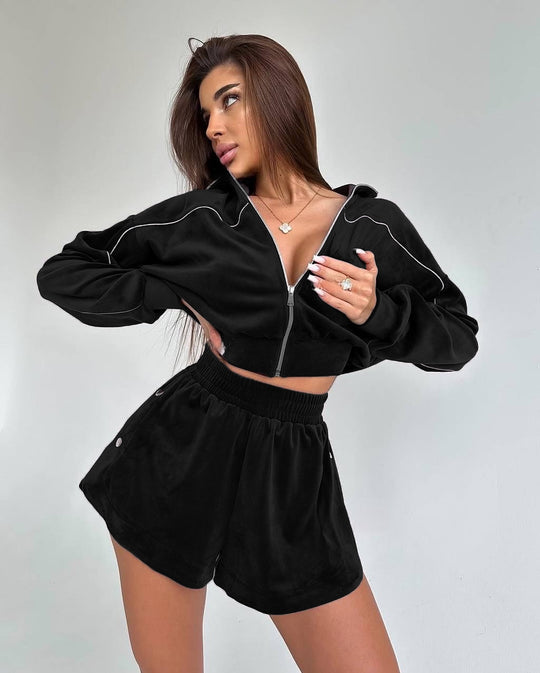 Damen Fleece-Sportset mit Reißverschluss und elastischem Bund R&B