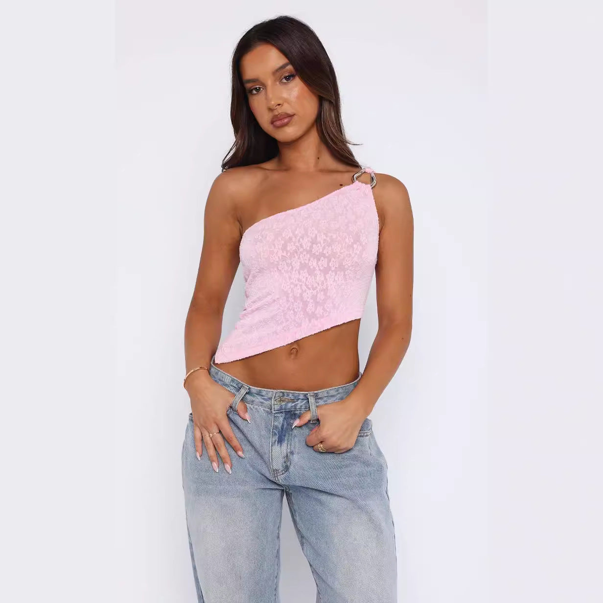 Damen asymmetrisches Spitzenoberteil mit funkelndem Ringdetail R&B