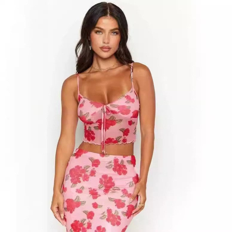 Damen Crop-Top mit floralem Design und verstellbaren Trägern R&B
