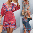 Damen Langarmkleid mit boho-inspiriertem Druck und elastischem Bund R&B