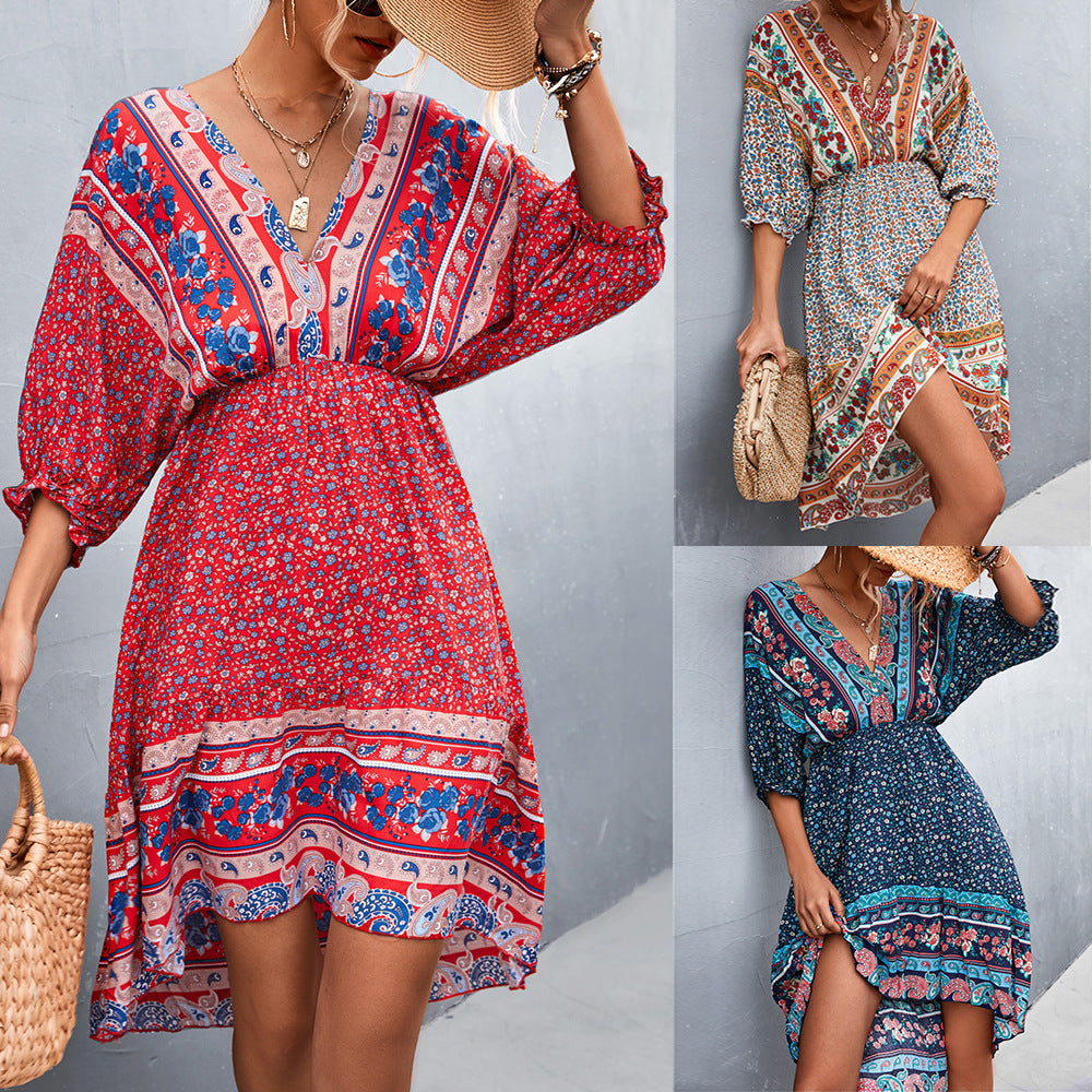 Damen Langarmkleid mit boho-inspiriertem Druck und elastischem Bund R&B