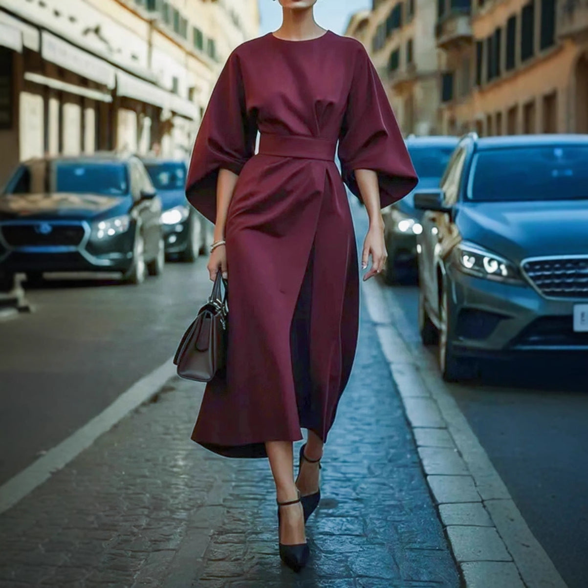 Damen Maxikleid mit eleganten Ballonärmeln und Taillengürtel