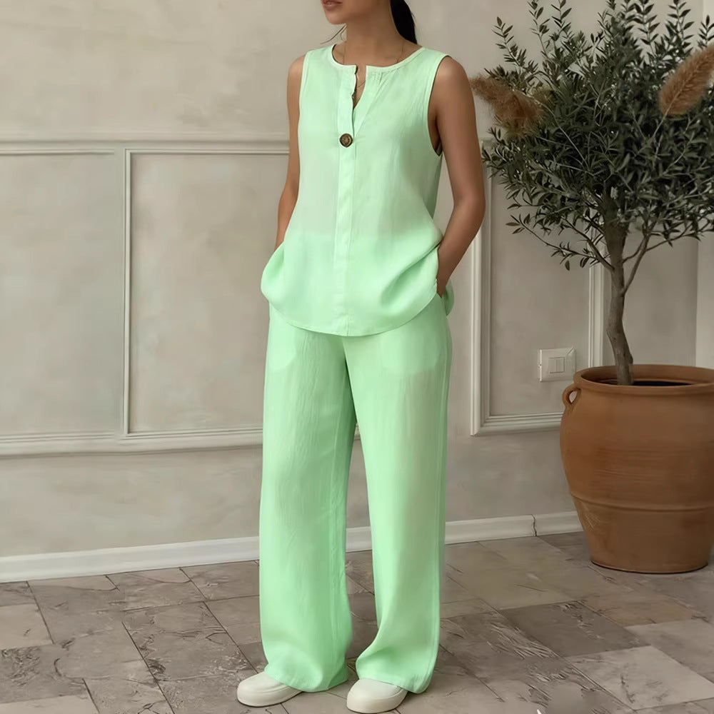 Damen Leinen Set mit elegantem Knopfdetail R&B