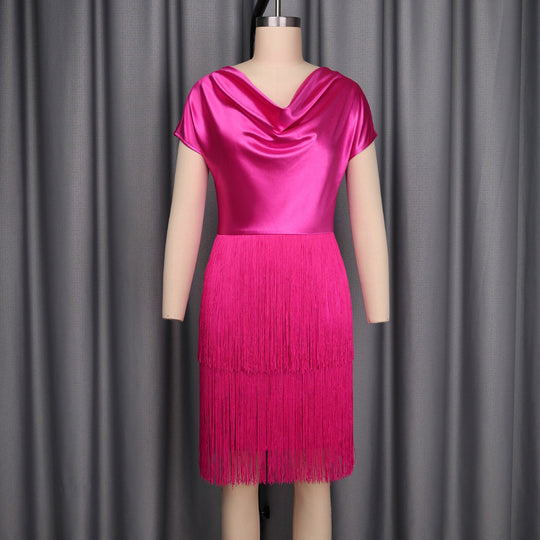 Damen schimmerndes Fransen Kleid mit eleganter Drapierung R&B