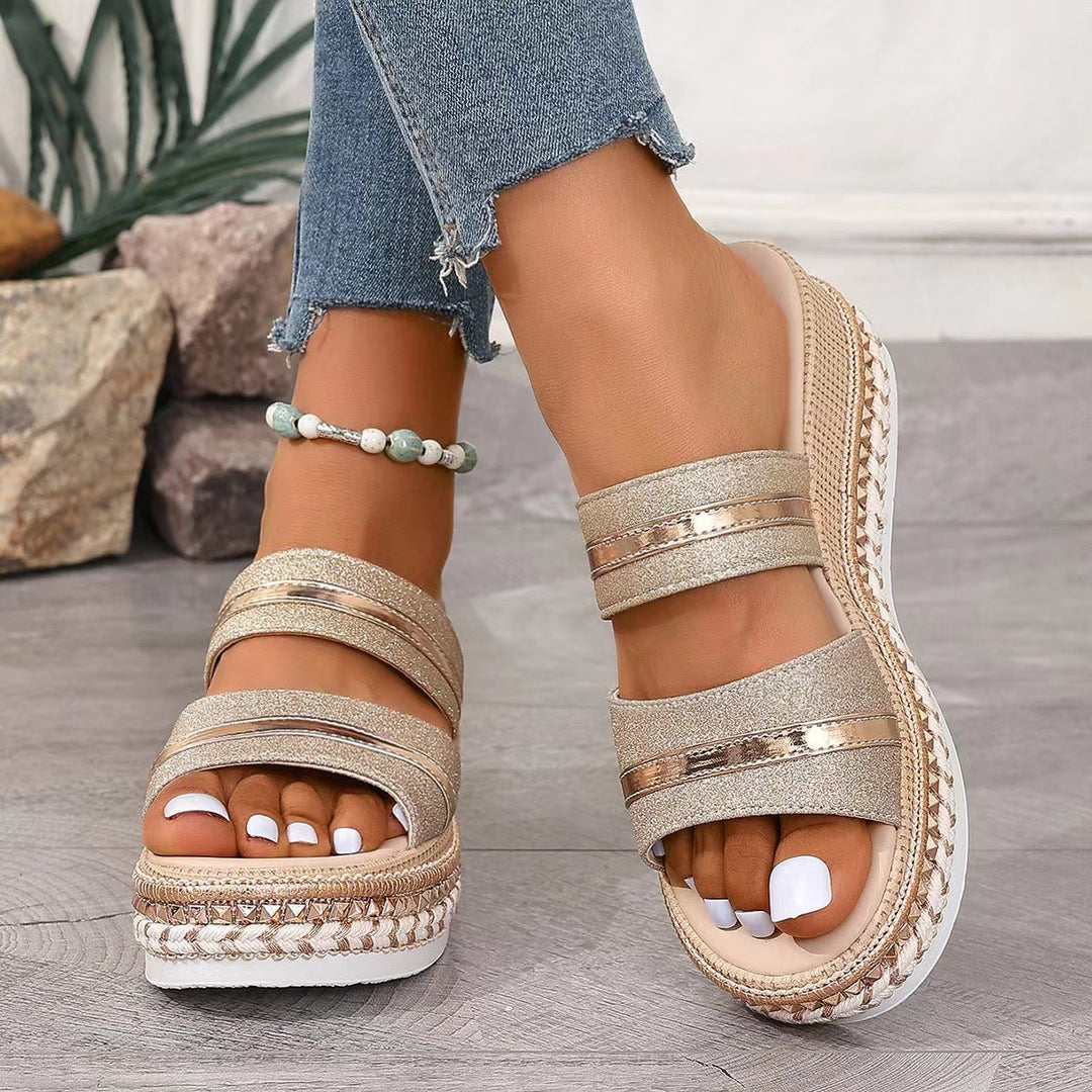 Damen Riemensandalen mit modischer Schmuckverzierung und Plateau-Rand R&B