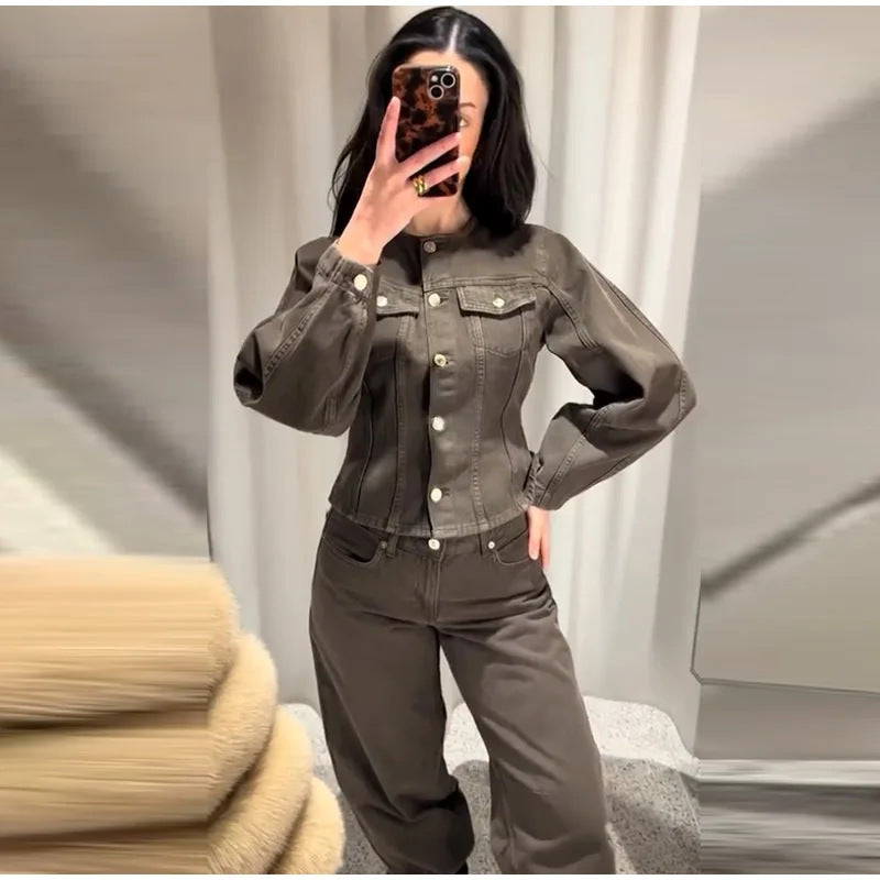 Damen Modische Jeansjacke mit Puffärmeln und dekorativen Knöpfen R&B