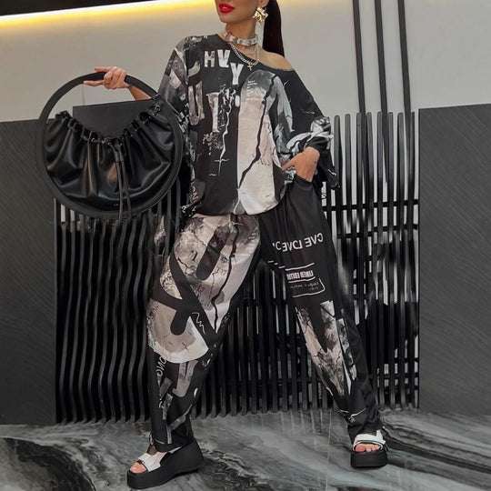 Damen nan zweiteiliges weites Satin-Freizeit-Set mit schulterfreiem Fledermaus-Top und Palazzohose R&B