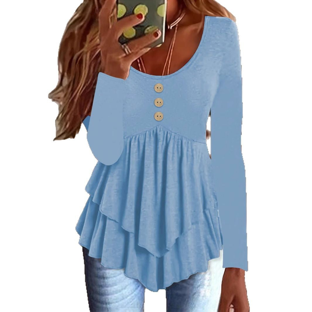 Damen Langarm Blusenshirt mit mehrlagigem Design und dekorativen Knopfdetails R&B