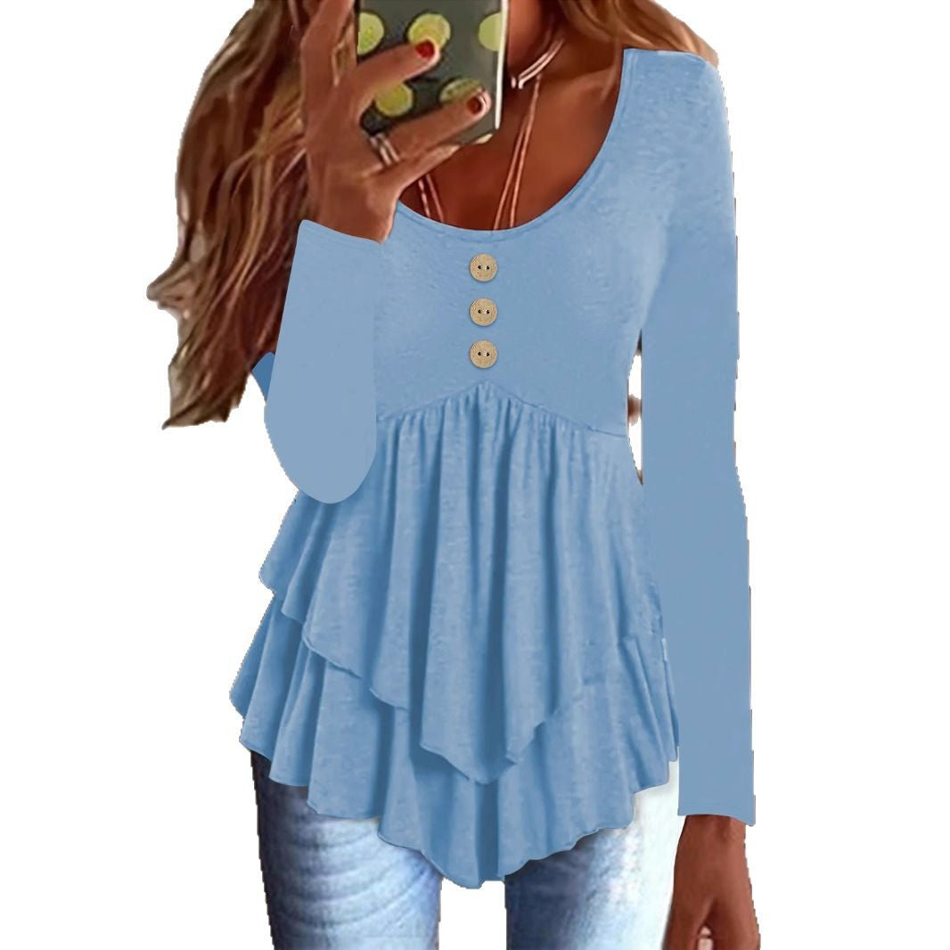 Damen Langarm Blusenshirt mit mehrlagigem Design und dekorativen Knopfdetails R&B