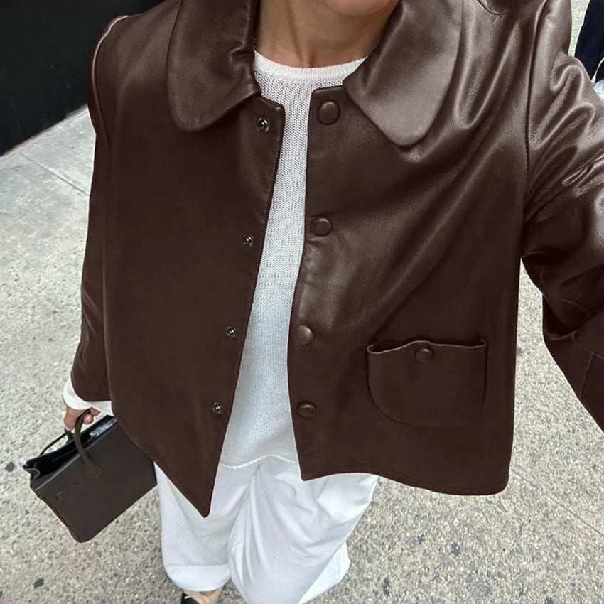 Damen Modische Kunstlederjacke mit praktischen Taschen und elegantem Kragen R&B