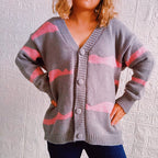 Damen gestreifte Strickjacke mit Knopfverschluss und weitem Schnitt R&B