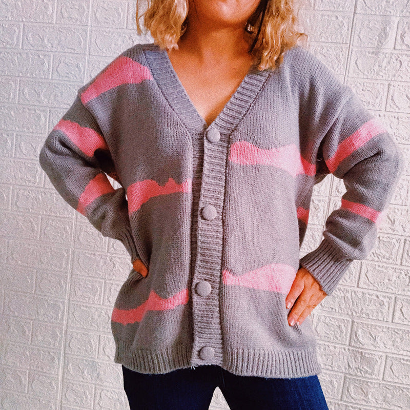 Damen gestreifte Strickjacke mit Knopfverschluss und weitem Schnitt R&B