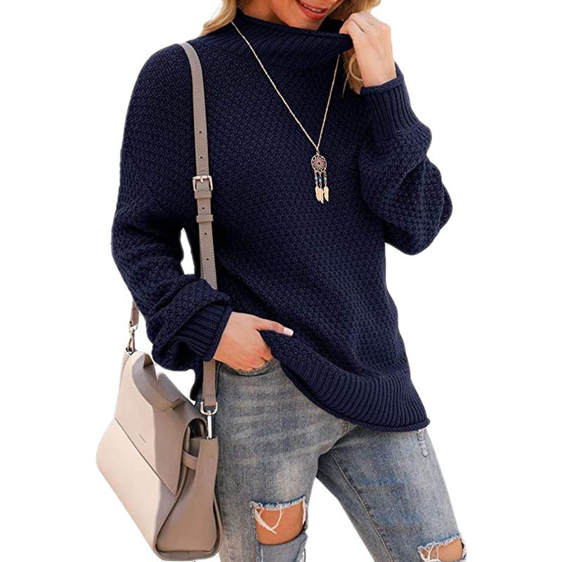 Damen Grobstrickpullover mit hohem Kragen und bequemen Ärmeln R&B