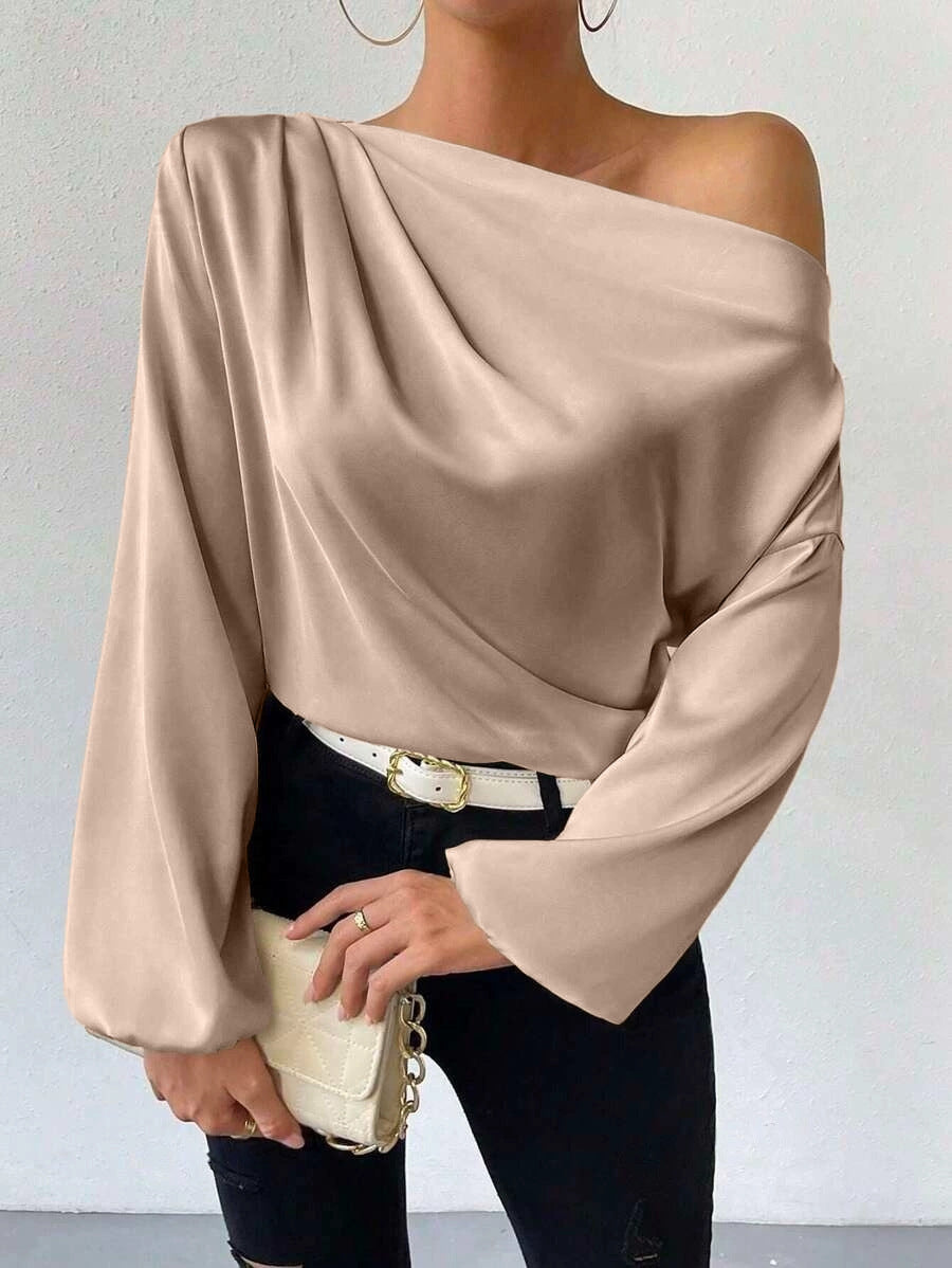 Damen Satin-Oberteil mit asymmetrischem Ausschnitt und fließendem Schnitt R&B