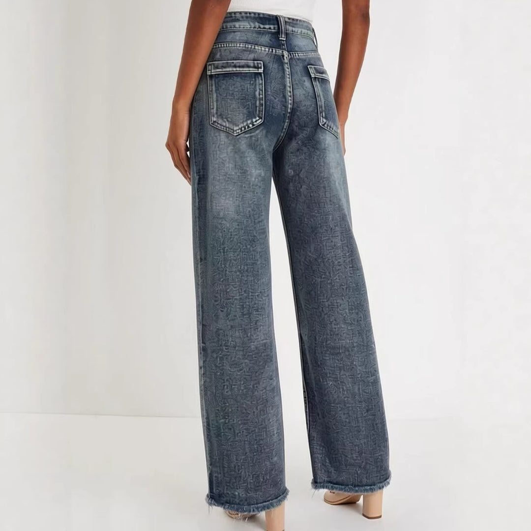 Damen weite Denim-Jeans mit kreativem Muster und fransigem Saum R&B
