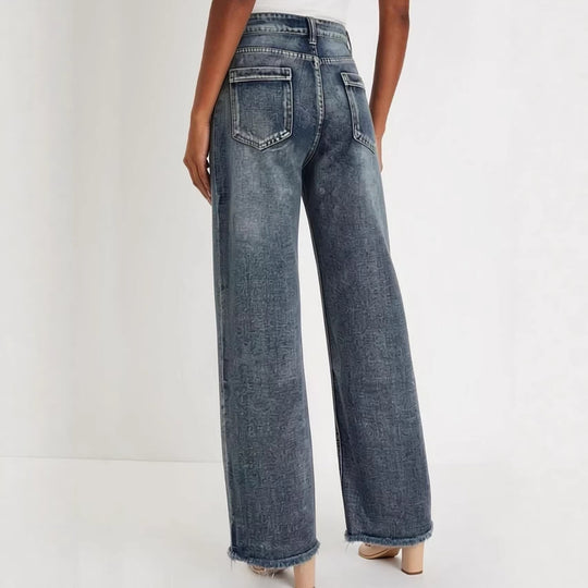 Damen weite Denim-Jeans mit kreativem Muster und fransigem Saum R&B