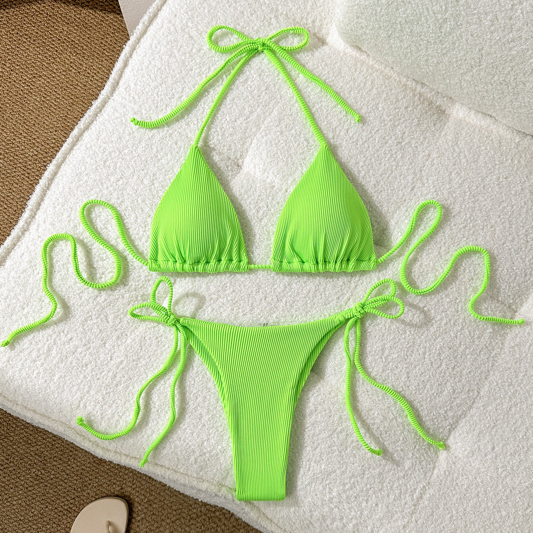 Damen Triangel-Bikini mit elastischen Bindebändern und Ripp-Optik R&B