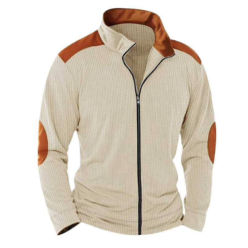 Herren nan strukturierte Strick‑Hybridjacke mit Stehkragen Kontrasteinsätzen und Ellbogenpatches R&B