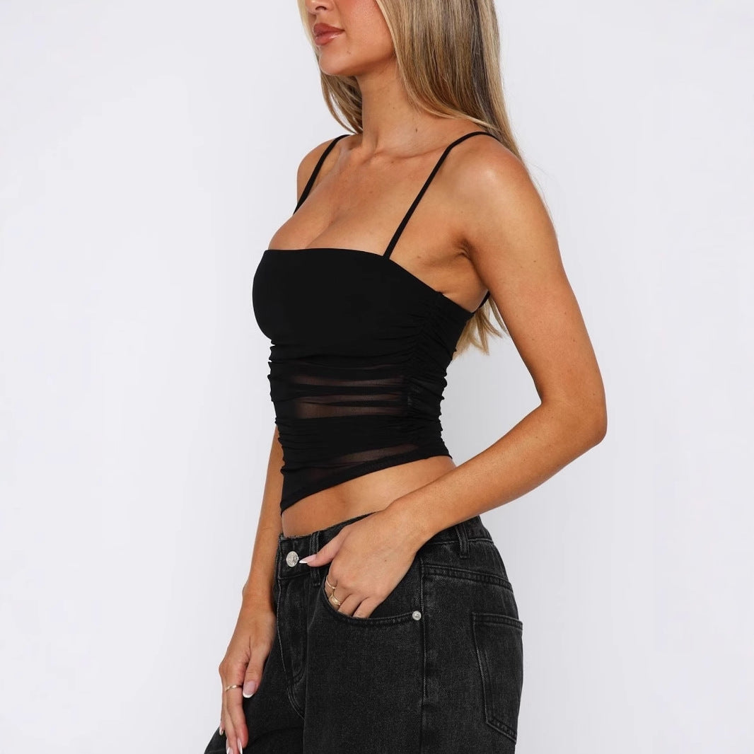 Damen leichtes Rüschenshirt mit Spaghettiträgern und transparenten Einsätzen R&B