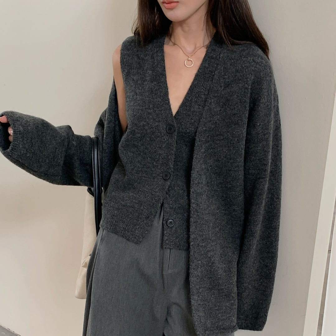 Damen Kuscheliger Strickcardigan mit großer Knopfleiste und Ballonärmeln R&B