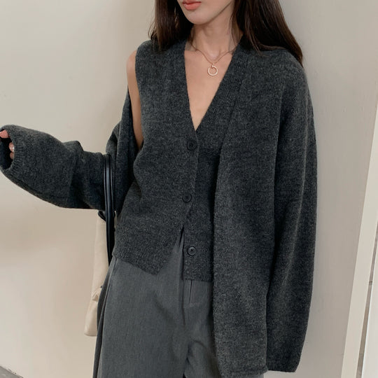 Damen Kuscheliger Strickcardigan mit großer Knopfleiste und Ballonärmeln R&B