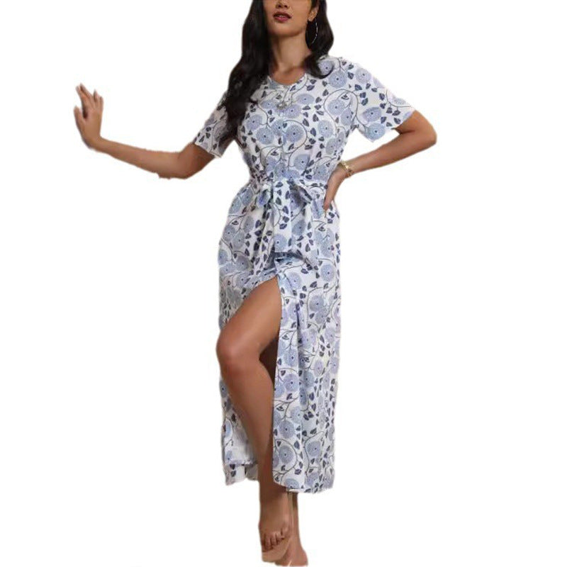 Damen Langarmmaxikleid mit floralem Design und elegantem Bindegürtel R&B