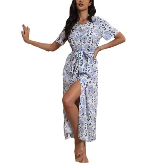 Damen Langarmmaxikleid mit floralem Design und elegantem Bindegürtel R&B