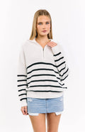 Damen sportlicher Strickpullover mit halbem Reißverschluss und Streifenmuster R&B
