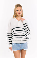 Damen sportlicher Strickpullover mit halbem Reißverschluss und Streifenmuster R&B