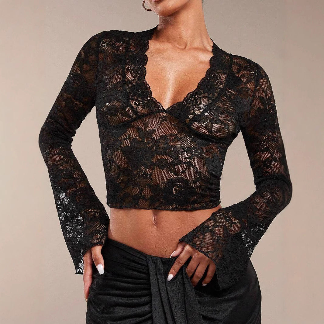 Damen Langarm Spitzenbluse mit V-Ausschnitt und ausladenden Ärmeln R&B