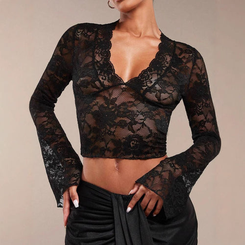 Damen Langarm Spitzenbluse mit V-Ausschnitt und ausladenden Ärmeln R&B