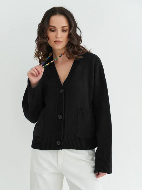 Damen Lässiger Strickcardigan mit gerippten Ärmeln und Rundhalsausschnitt R&B